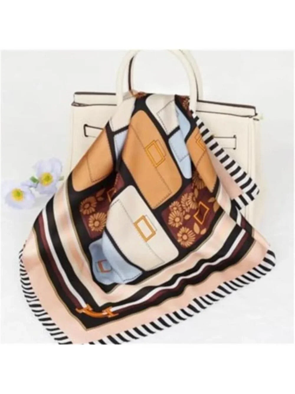 Fashion Silk Satin Head Scarf Bandana Bag Pattern Brown Striped Edge
